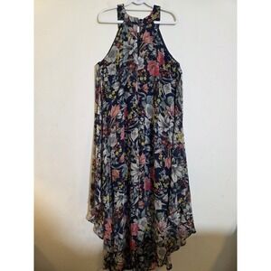 Love Squared 1X Navy Floral Polyester Lined Halter Boho Cottagecore Maxi Dress